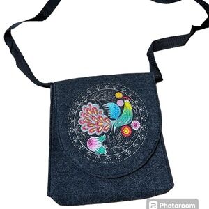 Crossbody Wool Felt Bag Embroidered Peacock Nylon Strap